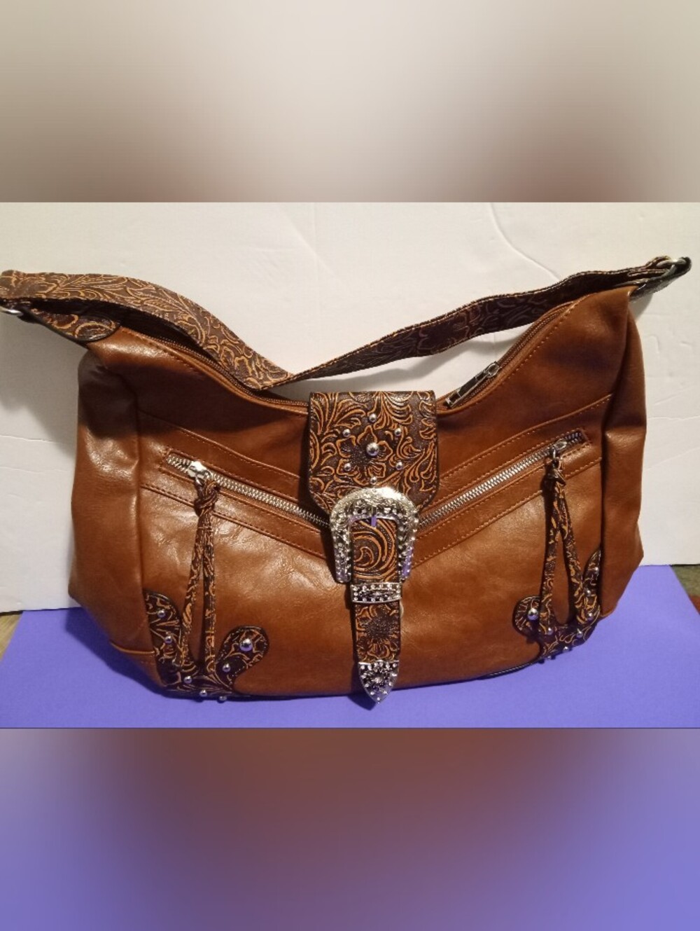 Brown Decorative Buckle Shoulder Bag